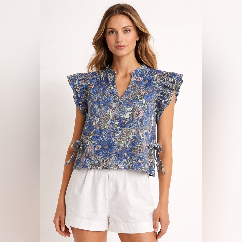 Marie Oliver Blue Paisley Floral Flutter Sleeve Top Tie Sides Boho Blouse Size S